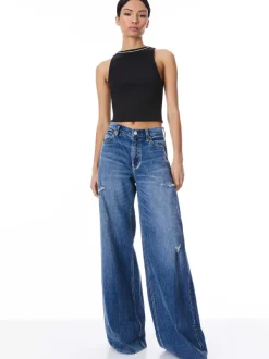 Alice and Olivia Allen Embellished Neck Ribbed Tank-Women Tops