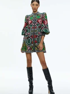 Alice and Olivia Bertha Blouson Sleeve Mini Dress-Women Dresses