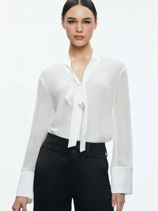 Alice and Olivia Brady Oversized Button Down With Bow Tie-Women Tops