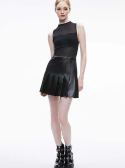 Alice and Olivia Chara Vegan Leather Pleated Mini Dress-Women Dresses