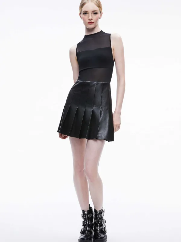 Alice and Olivia Chara Vegan Leather Pleated Mini Dress-Women Dresses
