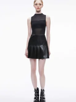 Alice and Olivia Chara Vegan Leather Pleated Mini Dress-Women Dresses