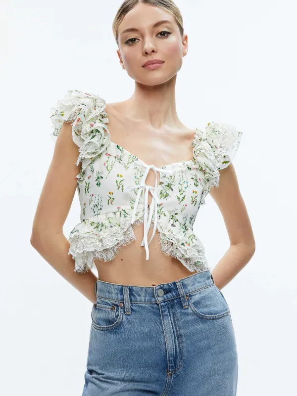 Alice and Olivia Charline Ruffle Cropped Top-Women Tops