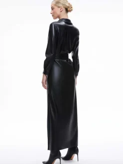 Alice and Olivia Chassidy Vegan Leather Maxi Shirt Dress-Women Dresses