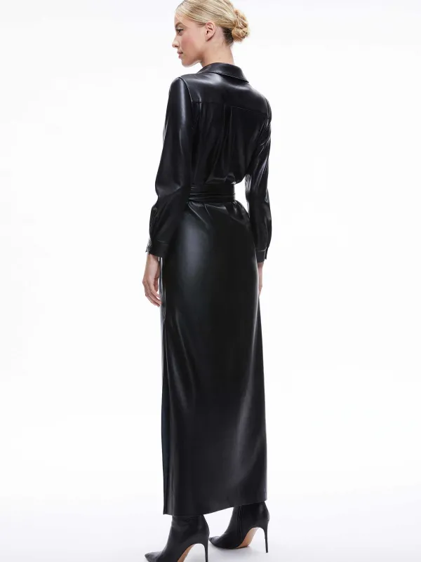 Alice and Olivia Chassidy Vegan Leather Maxi Shirt Dress-Women Dresses