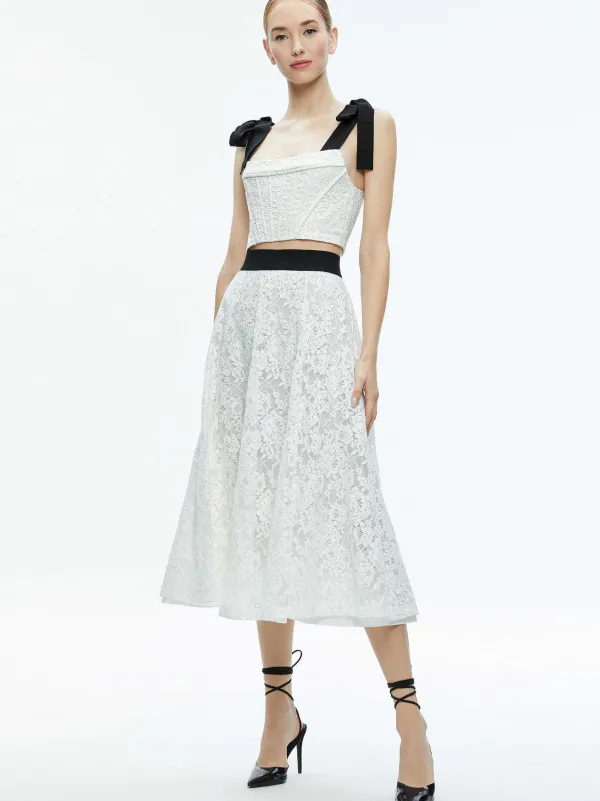 Alice and Olivia Clara Bow Strap Bustier Crop Top + Earla Lace Midi Skirt-Women Matching Sets