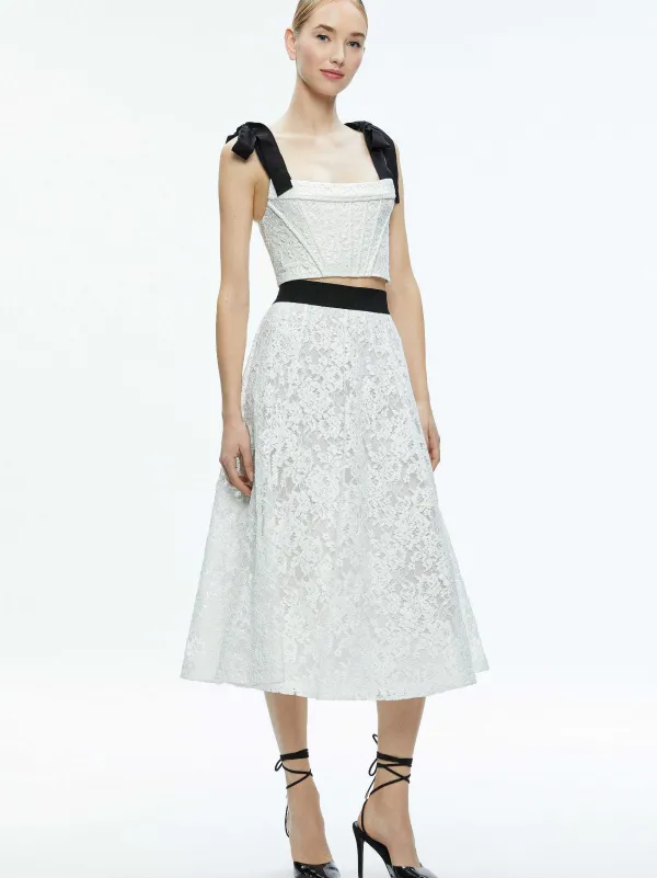 Alice and Olivia Clara Bow Strap Bustier Crop Top + Earla Lace Midi Skirt-Women Matching Sets