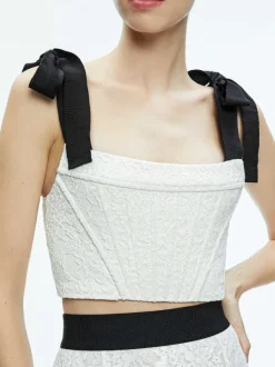 Alice and Olivia Clara Bow Strap Bustier Crop Top + Earla Lace Midi Skirt-Women Matching Sets