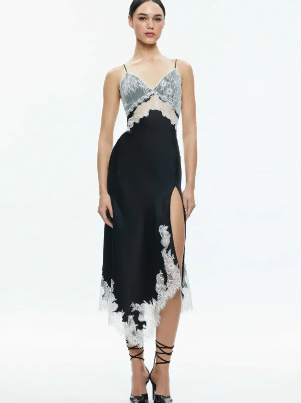 Alice and Olivia Daphne Lace Asymmetrical Slit Midi Dress-Women Dresses