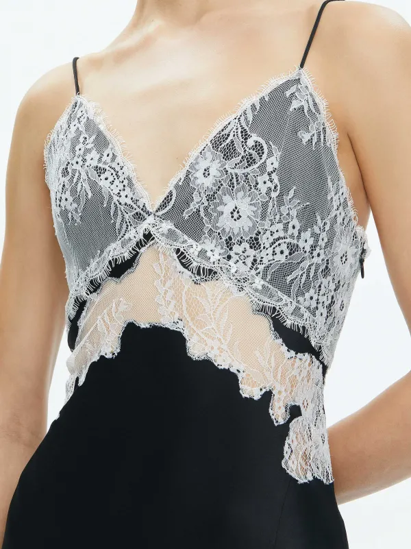 Alice and Olivia Daphne Lace Asymmetrical Slit Midi Dress-Women Dresses
