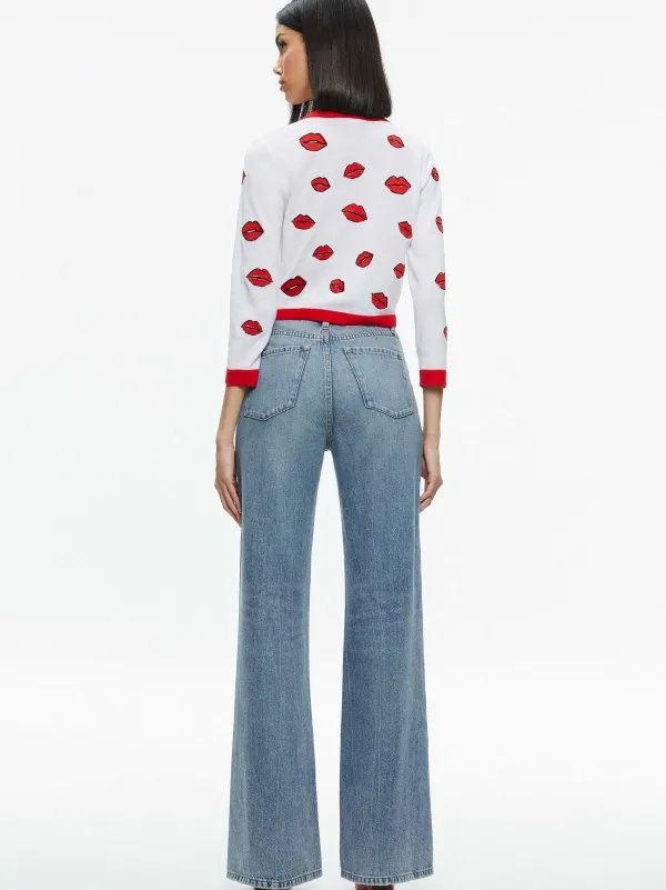 Alice and Olivia Daroda Kiss Crewneck Cropped Cardigan-Women Sweaters