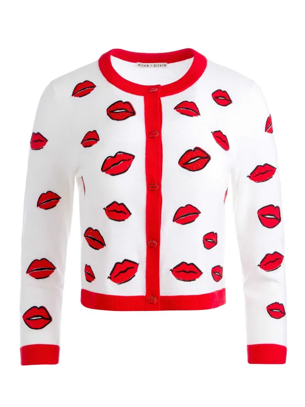 Alice and Olivia Daroda Kiss Crewneck Cropped Cardigan-Women Sweaters