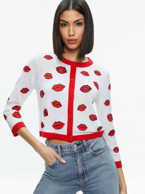 Alice and Olivia Daroda Kiss Crewneck Cropped Cardigan-Women Sweaters