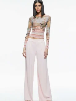 Alice and Olivia Delaina Printed Mesh Long Sleeve Crop Top-Women Tops