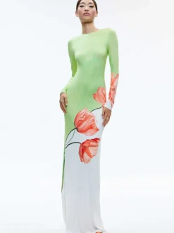 Alice and Olivia Delora Open Back Crew Neck Maxi Dress-Women Dresses