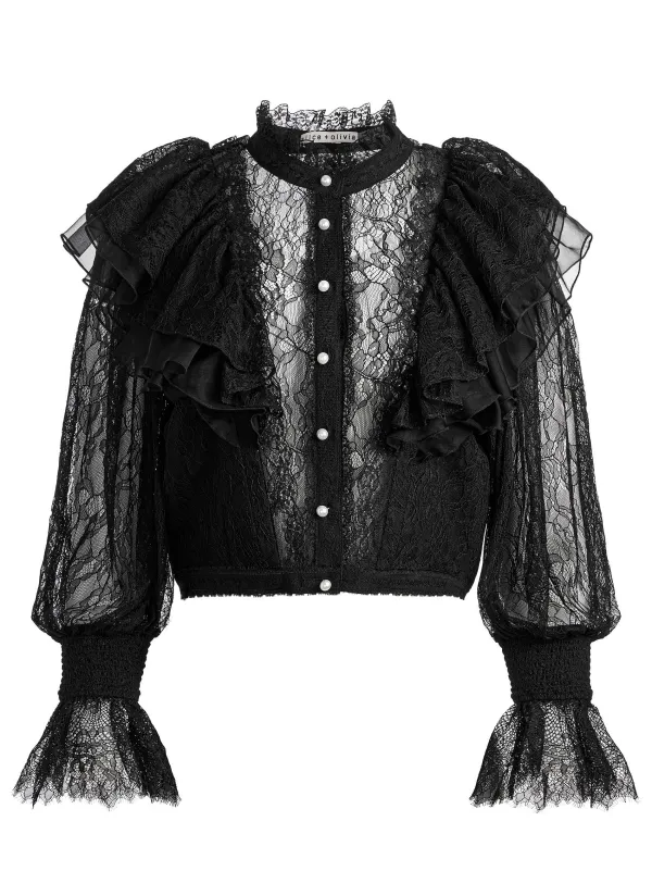 Alice and Olivia Delpha Ruffle Lace Blouson Sleeve Cropped Top-Women Tops