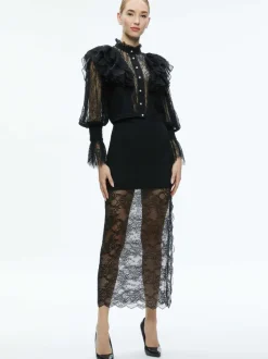 Alice and Olivia Delpha Ruffle Lace Blouson Sleeve Cropped Top-Women Tops