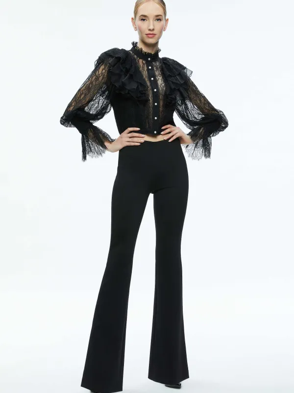 Alice and Olivia Delpha Ruffle Lace Blouson Sleeve Cropped Top-Women Tops