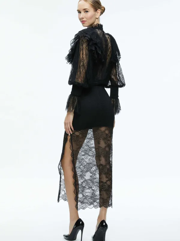 Alice and Olivia Delpha Ruffle Lace Blouson Sleeve Cropped Top-Women Tops