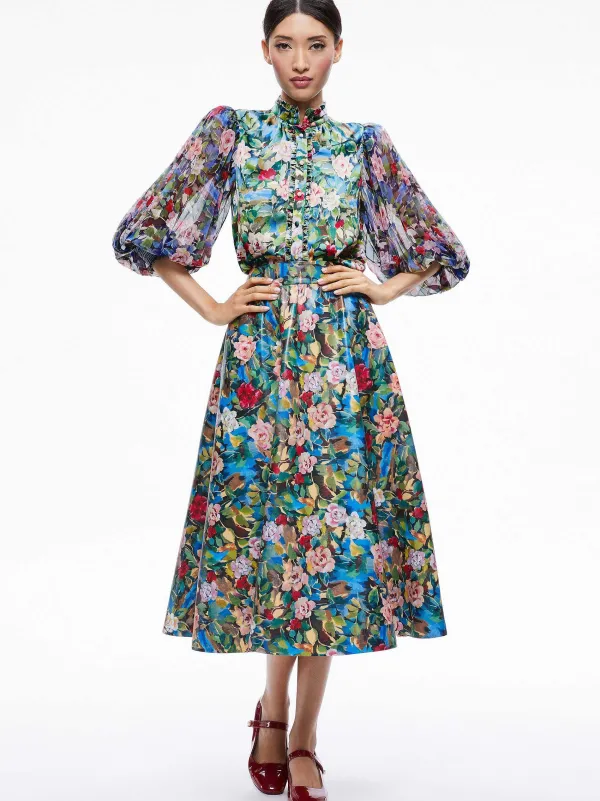 Alice and Olivia Earla Vegan Leather Flare Skirt + Ilan Smocked Sleeve Button Front Blouse-Women Matching Sets