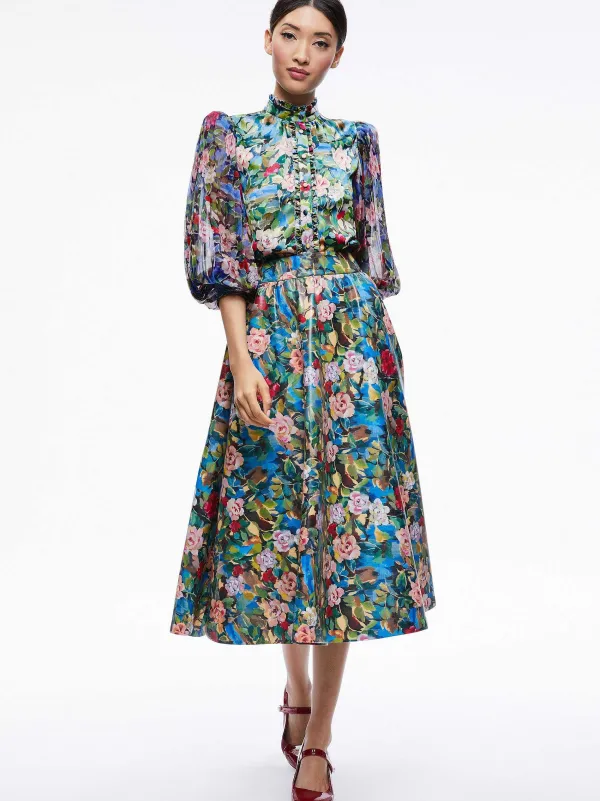 Alice and Olivia Earla Vegan Leather Flare Skirt + Ilan Smocked Sleeve Button Front Blouse-Women Matching Sets