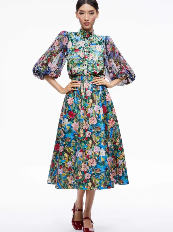 Alice and Olivia Earla Vegan Leather Flare Skirt + Ilan Smocked Sleeve Button Front Blouse-Women Matching Sets
