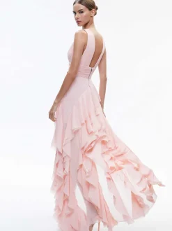Alice and Olivia Holly Low Neck Asymmetric Ruffled Maxi Dress-Women Dresses
