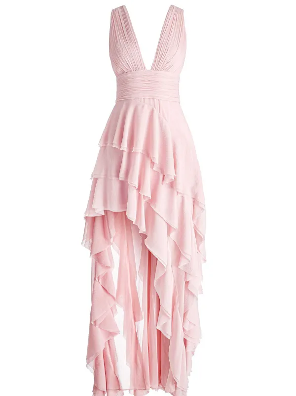 Alice and Olivia Holly Low Neck Asymmetric Ruffled Maxi Dress-Women Dresses