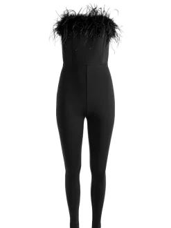 Alice and Olivia Idell Off Shoulder Feather Trim Jumpsuit-Women Jumpsuits