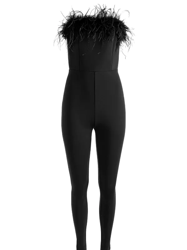 Alice and Olivia Idell Off Shoulder Feather Trim Jumpsuit-Women Jumpsuits