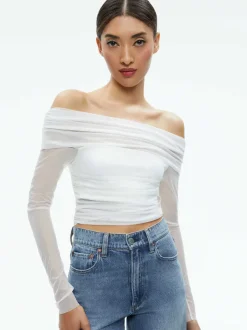 Alice and Olivia Isadola Over The Shoulder Ruched Long Sleeve Top-Women Tops