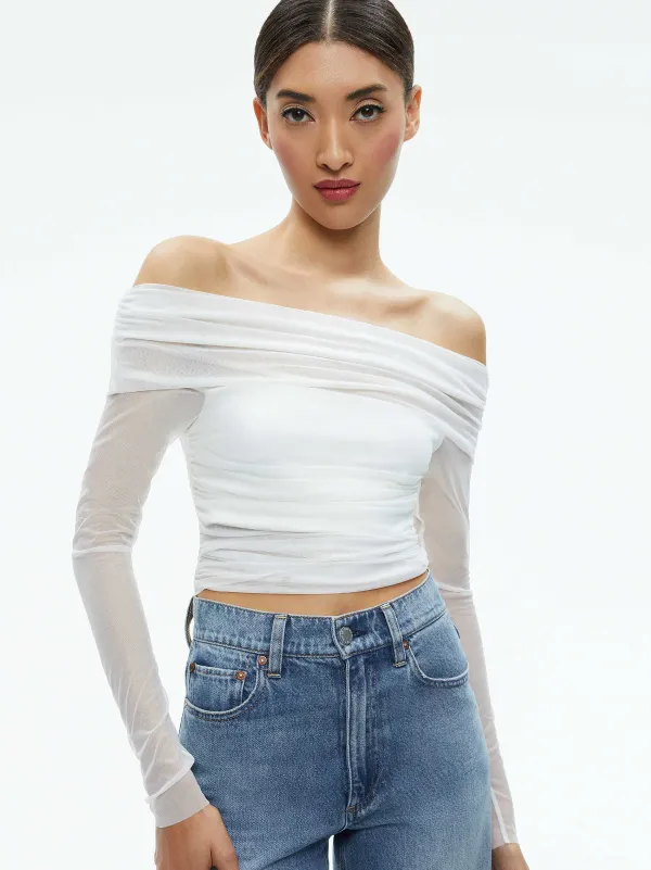 Alice and Olivia Isadola Over The Shoulder Ruched Long Sleeve Top-Women Tops