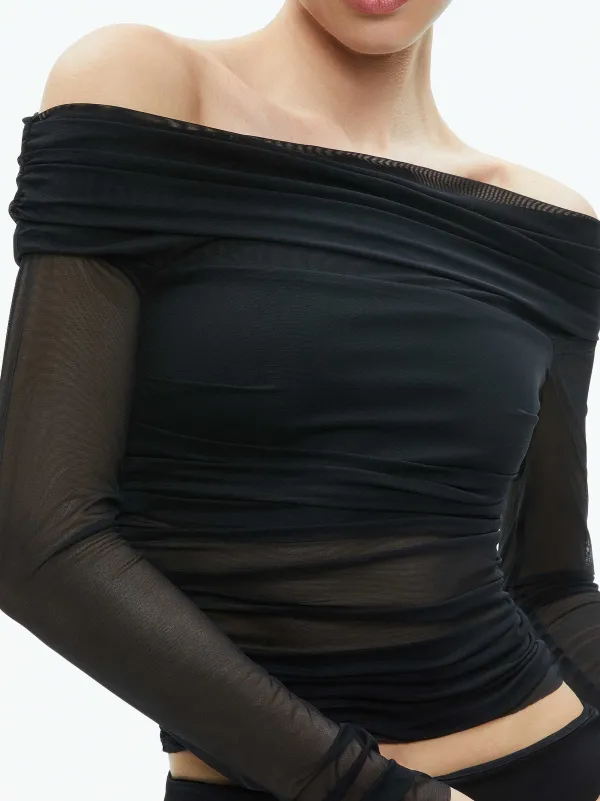 Alice and Olivia Isadola Over The Shoulder Ruched Long Sleeve Top-Women Tops