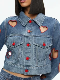 Alice and Olivia Jeff Heart Embroidered Cropped Denim Jacket-Women Jackets + Coats