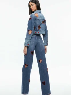 Alice and Olivia Jeff Heart Embroidered Cropped Denim Jacket-Women Jackets + Coats