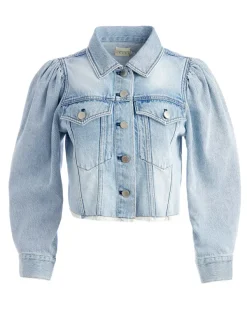 Alice and Olivia Lana Puff Sleeve Denim Jacket With Raw Hem-Women Jackets + Coats