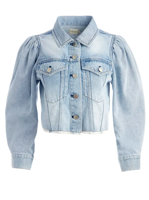 Alice and Olivia Lana Puff Sleeve Denim Jacket With Raw Hem-Women Jackets + Coats