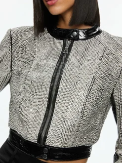 Alice and Olivia Lari Crystal Embellished Leather Jacket-Women Jackets + Coats