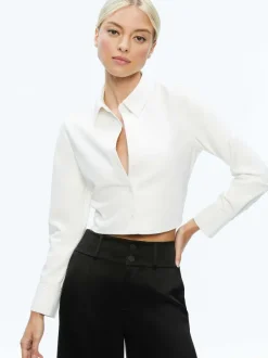 Alice and Olivia Leon Cropped Vegan Leather Button Down-Women Tops