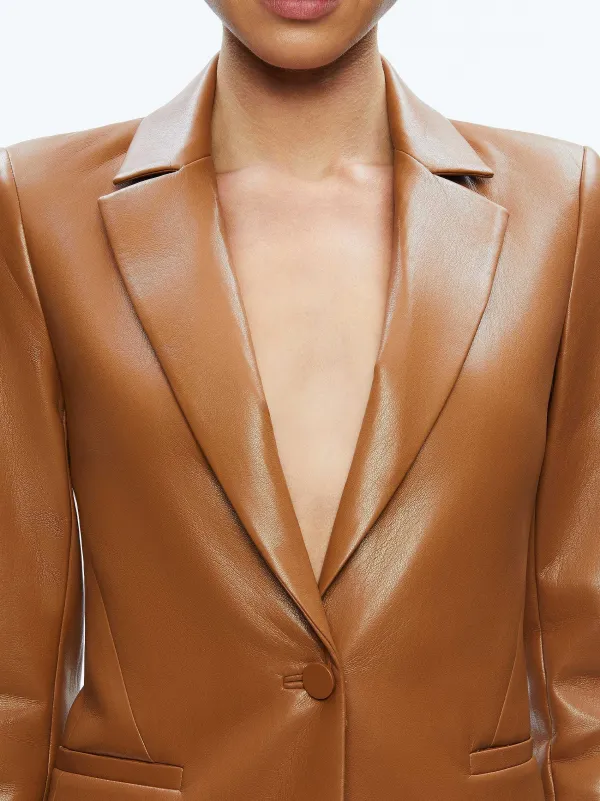 Alice and Olivia Macey Fitted Vegan Leather Blazer + Danette Vegan Leather Split Hem Trousers-Women Matching Sets