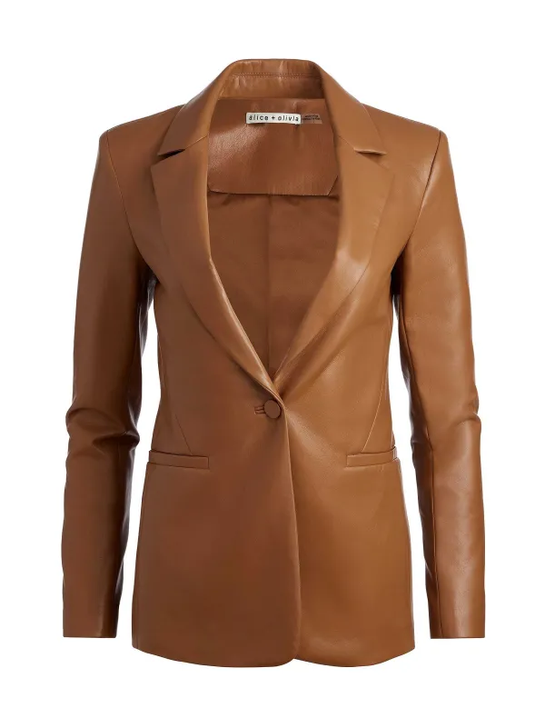 Alice and Olivia Macey Fitted Vegan Leather Blazer + Danette Vegan Leather Split Hem Trousers-Women Matching Sets