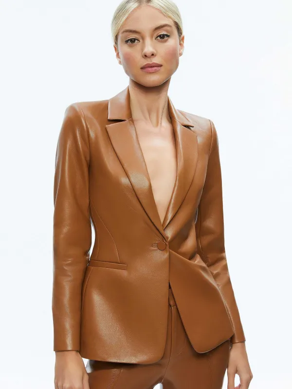 Alice and Olivia Macey Fitted Vegan Leather Blazer + Danette Vegan Leather Split Hem Trousers-Women Matching Sets