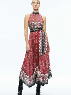 Alice and Olivia Mertie Mock Neck Pleated Maxi Dress-Women Dresses