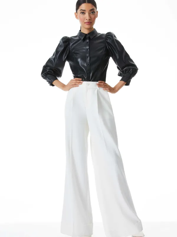 Alice and Olivia Nadine Vegan Leather Button Down-Women Tops