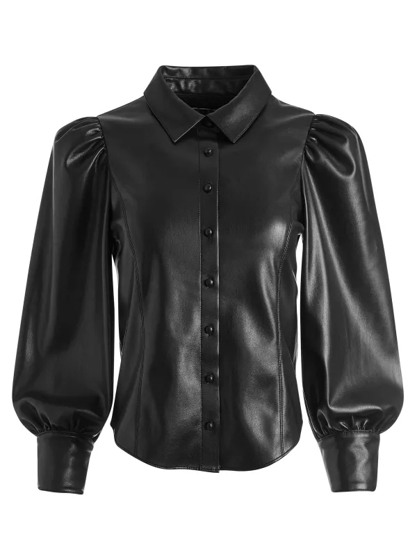 Alice and Olivia Nadine Vegan Leather Button Down-Women Tops