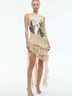 Alice and Olivia Nelia Sequined High Low Ruffled Maxi Dress-Women Dresses