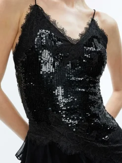 Alice and Olivia Nelia Sequined High Low Ruffled Maxi Dress-Women Dresses