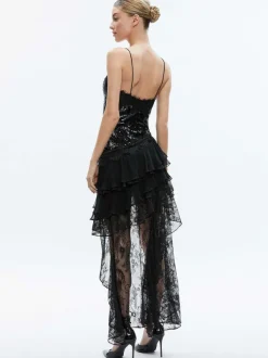 Alice and Olivia Nelia Sequined High Low Ruffled Maxi Dress-Women Dresses