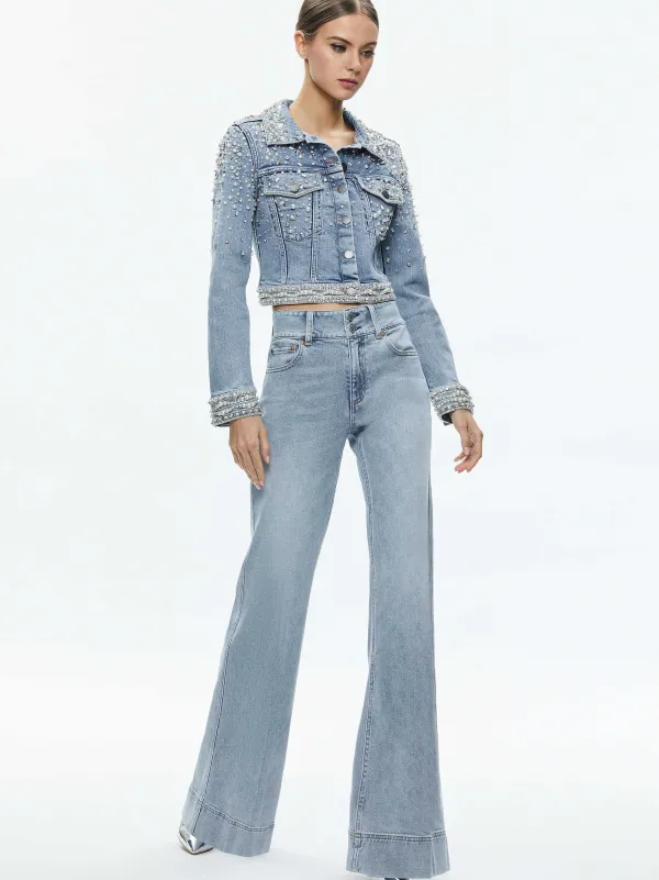 Alice and Olivia Nelson Embellished Fitted Denim Jacket-Women Jackets + Coats