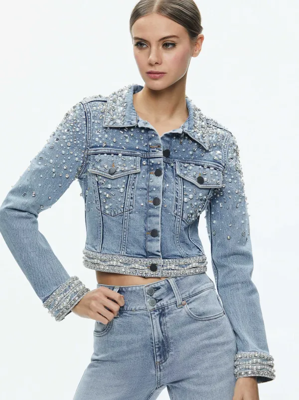 Alice and Olivia Nelson Embellished Fitted Denim Jacket-Women Jackets + Coats